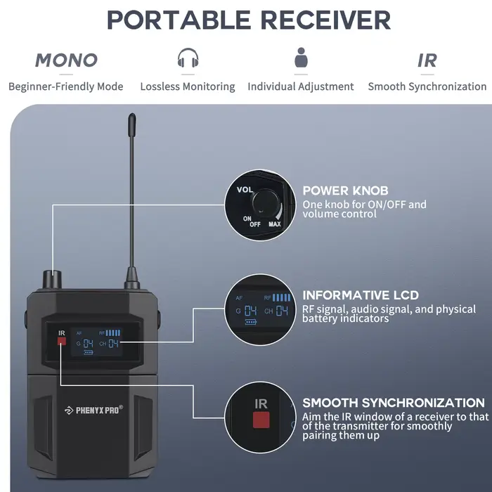Récepteur Bodypack 500MHz/900MHz pour système de surveillance de scène sans fil PHENYX PRO PTM-11 & 