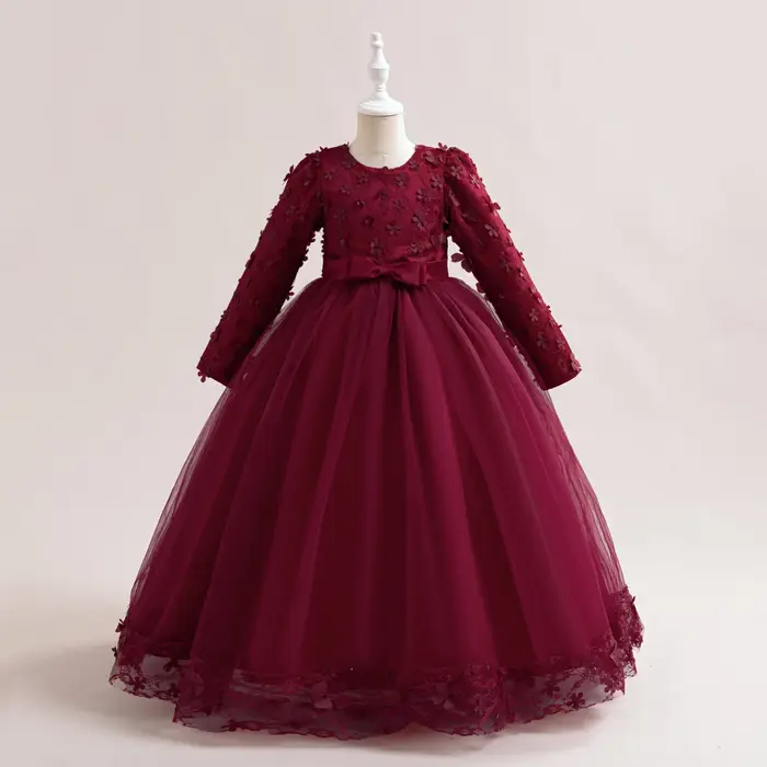 Robe de demoiselle d'honneur à manches longues pour filles, costume de Noël pour enfants, nœud en de