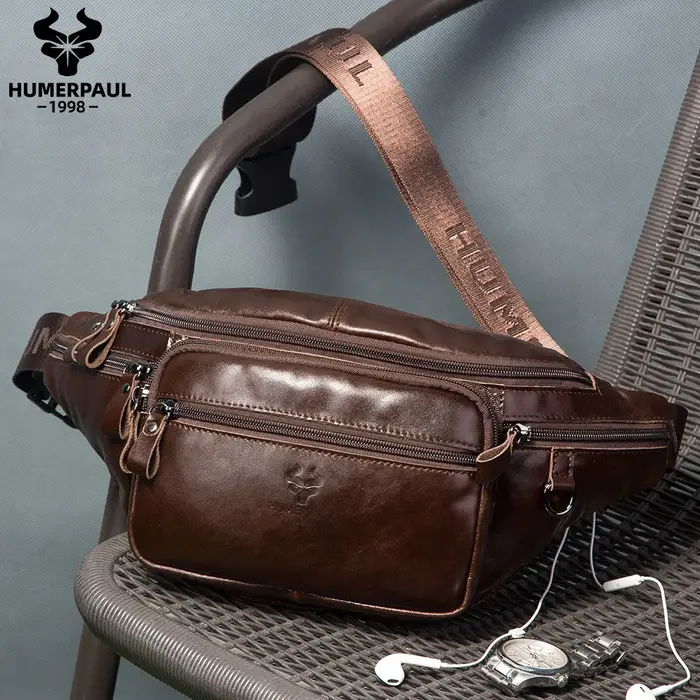 HUMERPAUL-Sac de taille en cuir véritable pour homme, sac banane décontracté, sac de poitrine extéri