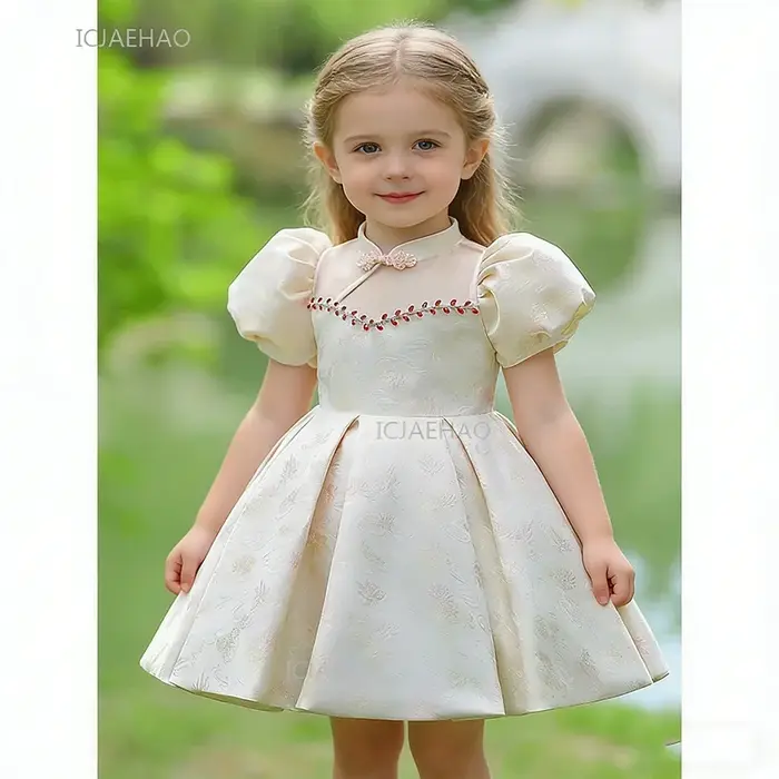 Robe une pièce pour bébé fille, style chinois, princesse de fête avec manches bouffantes, robe d'ann