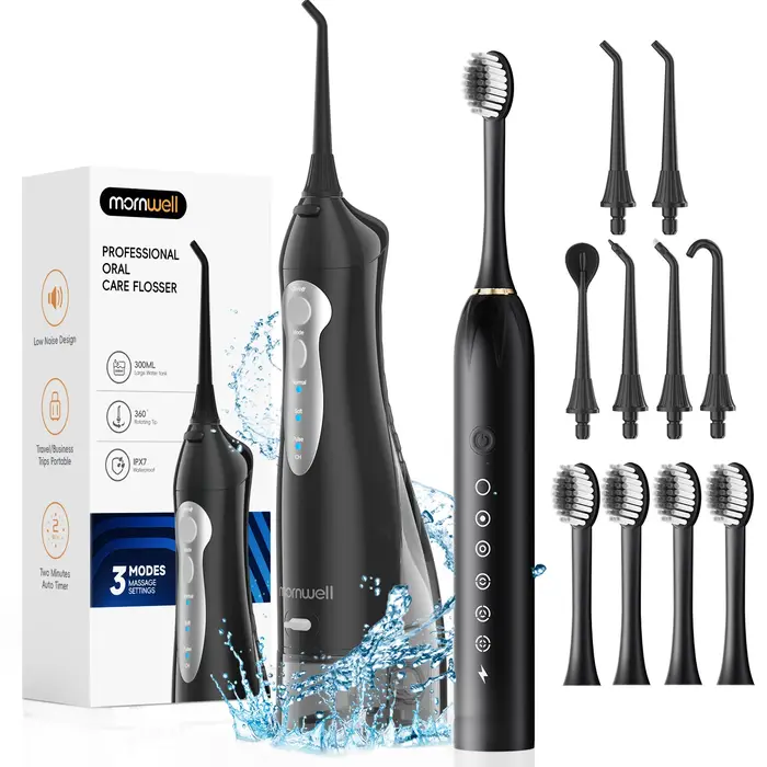 Hydropulseur portable Mornwell avec brosse à dents électrique combinée : soin des gencives - Brosse 