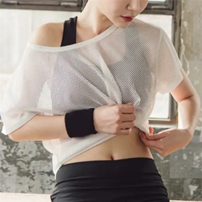 Chemise de yoga femme en maille sexy - T-shirt sport à séchage rapide pour fitness et running