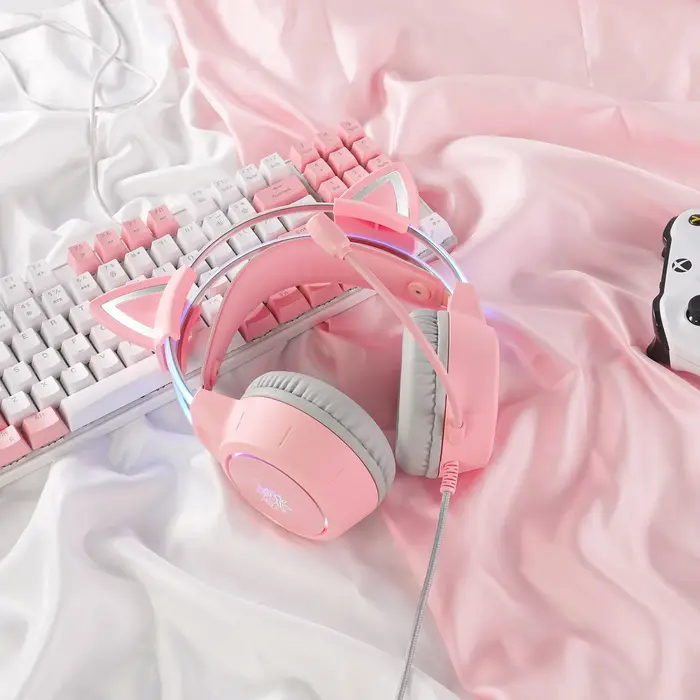 ONIKUMA casque de jeu oreilles de chat amovibles roses casque filaire Gamer avec lumière rvb suppres