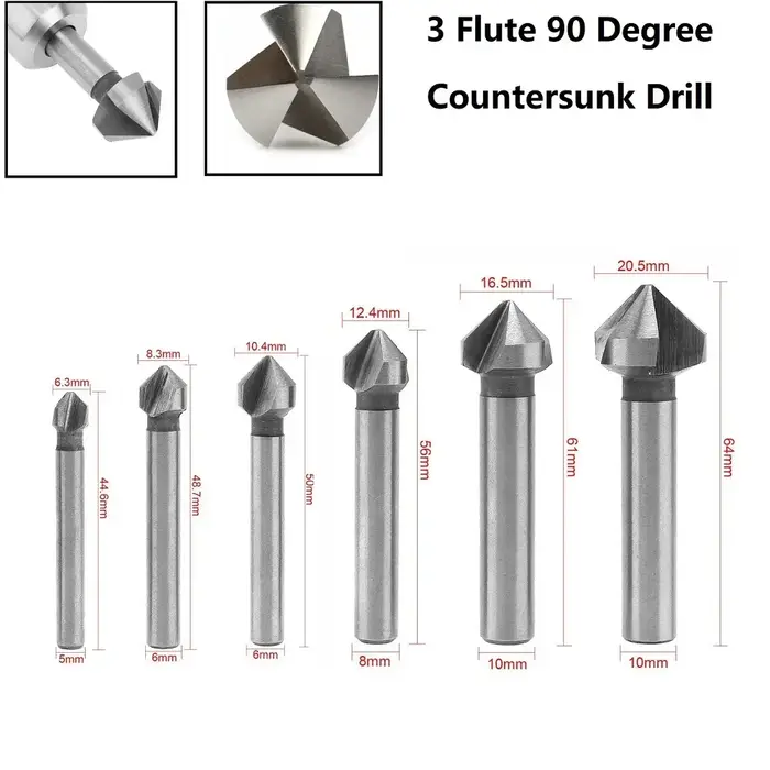 Foret fraise à chanfreiner à 3 cannelures 90 degrés, outil de chanfreinage 6,3-20,5 mm pour le bois 