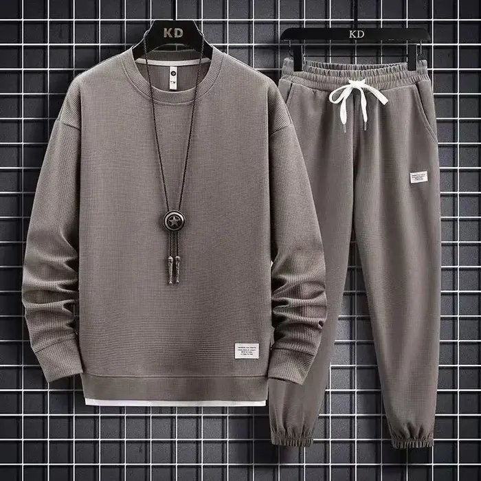 2025 printemps et automne nouveaux hommes gaufre deux pièces sweat-shirt décontracté et pantalon de 