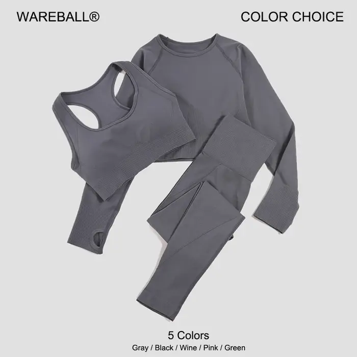 Combinaison Yoga Femme Sans Couture 2/3 Pièces - Haut Manches Longues Soutien-gorge Sport Leggings Course