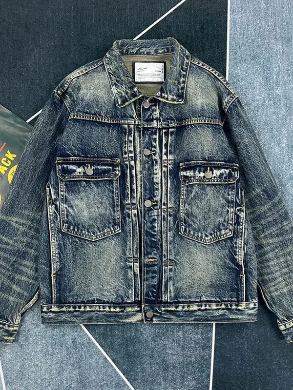 Veste Cargo en Denim lourd pour hommes, rétro américain, mode 100% coton lavé, vieux multi-poches, v