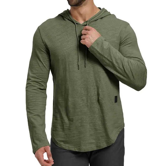 T-shirt à manches longues pour hommes, couleur unie, design à capuche, respirant, léger, avec cordon