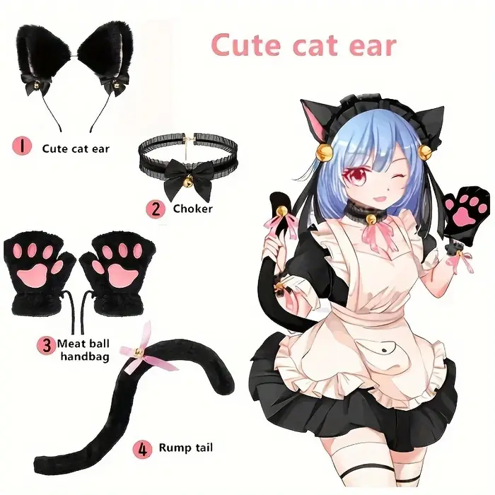 Ensemble de gants patte de chat, 5 pièces, hiver, mignon dessin animé fille, gants à doigts ouverts,