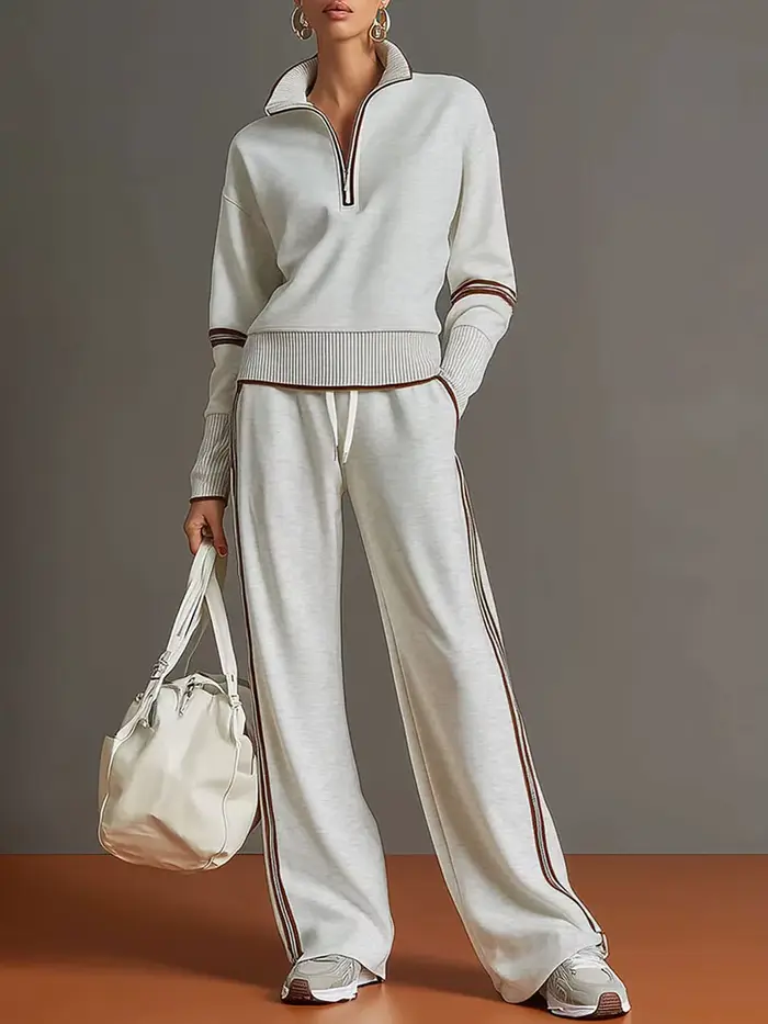 Ensemble de survêtement élégant pour femme : haut zippé à manches longues et pantalon rayé à jambes 