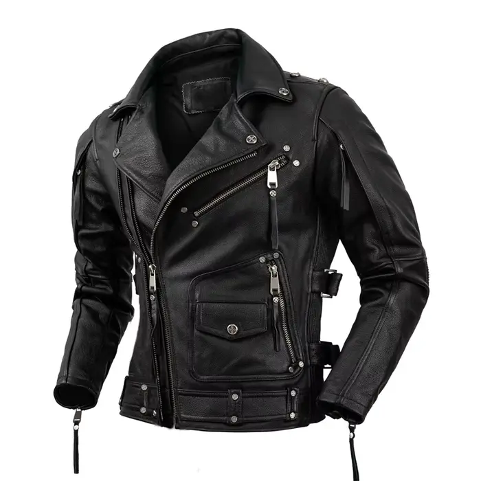 Veste de motard en cuir naturel pour homme, couche supérieure, cuir de vachette, rétro, pierre tremp