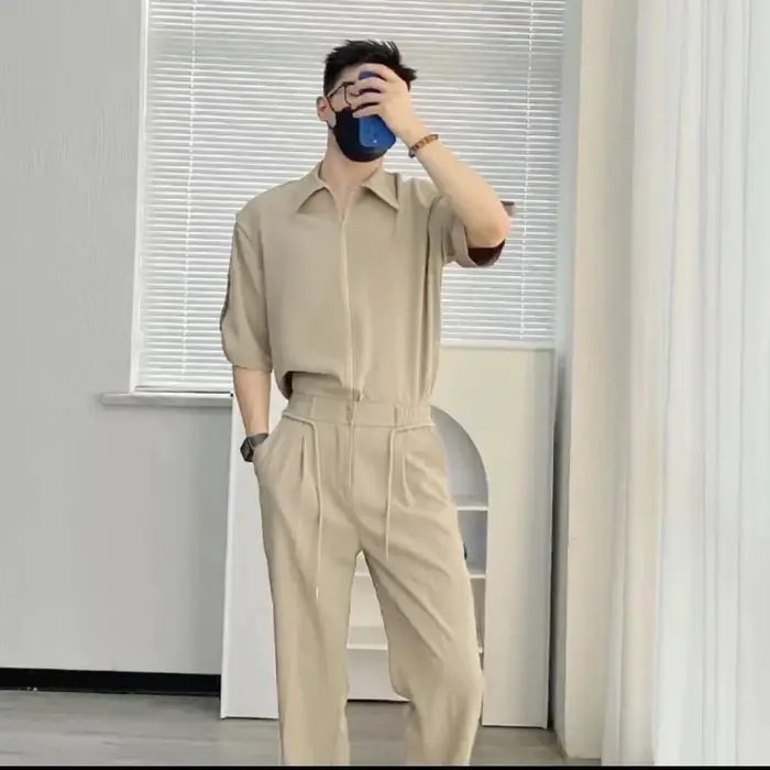 Fermetures éclair chemises pantalons costumes pour hommes plaine respirant vêtements d'été nouveau c