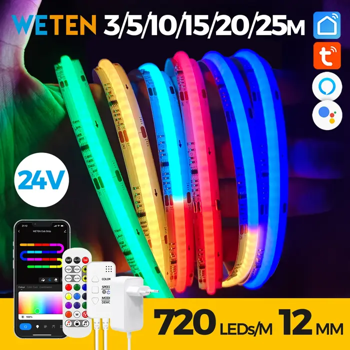Bande lumineuse LED RGBIC COB intelligente Tuya WIFI adressable flexible RGB néon LED 24 V contrôle 
