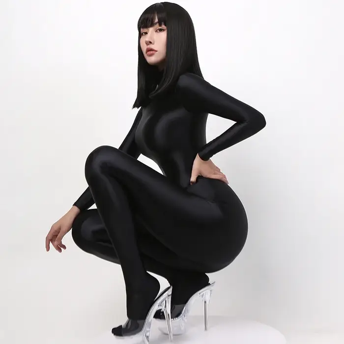 Japonais Sexy femmes à manches longues body une pièce maillot de bain collants soyeux Satin brillant