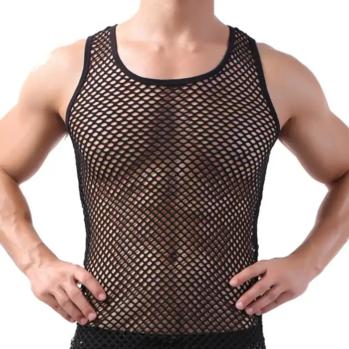 Débardeur pour homme en maille de nylon transparent avec manches longues sous-vêtement sexy pour hommes élégance moderne libertés nocturnes sorties occasions spéciales