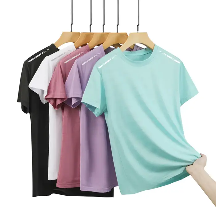 CHRLCK T-shirt respirant à manches courtes en maille pour femme, taille US/EU, couleur unie, pour le