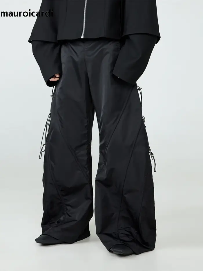 Mauroicardi-Pantalon Baggy Noir à Jambes Larges pour Homme, Taille artificiel astique, Long, Décontr