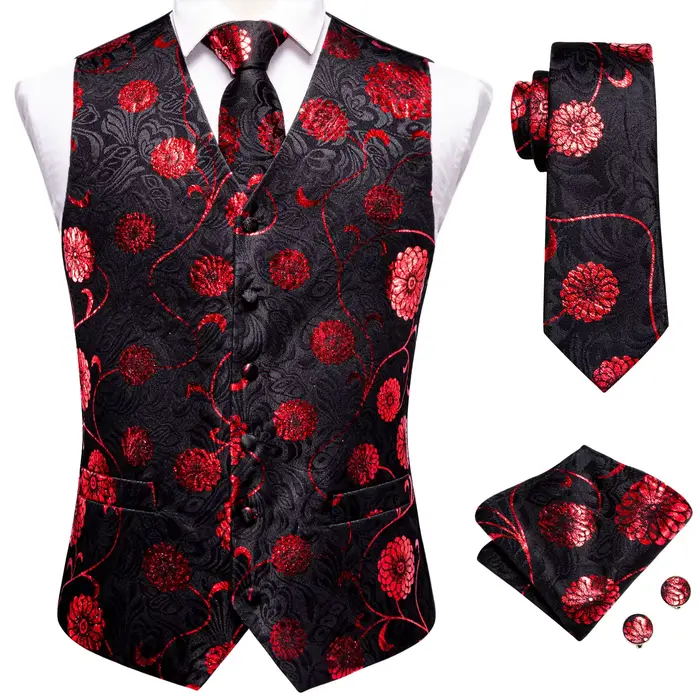 Ensemble de costume pour homme : Gilet, cravate, pochette et boutons de manchette jacquard floral Pa