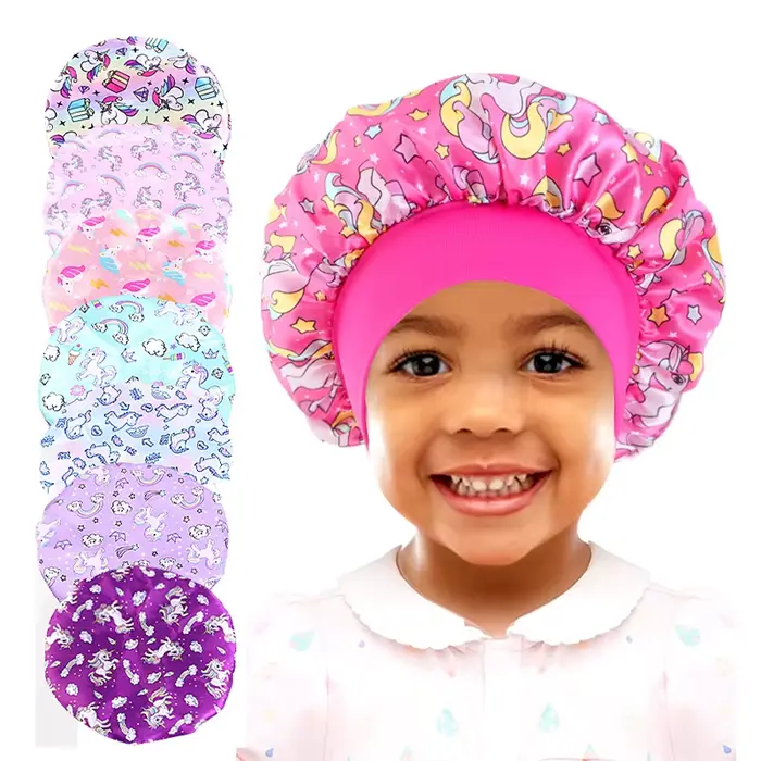 Dessin animé bébé enfants imprimer Satin Bonnet chapeau de sommeil casquette pour cheveux bouclés ré