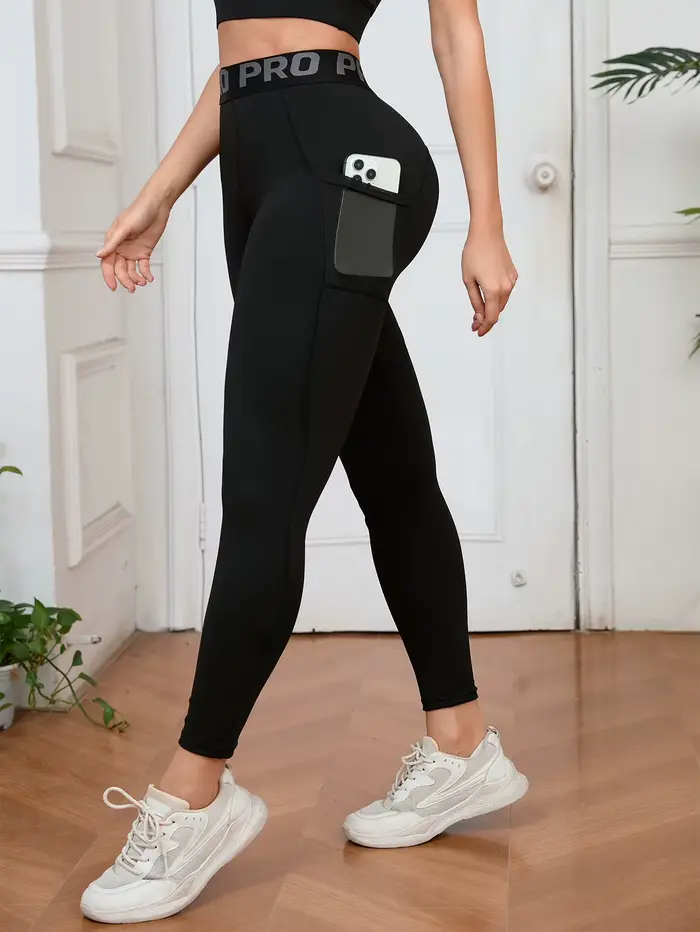 Leggings Yoga taille haute femme avec poches - Course entraînement extensible lettres imprimées - Polyvalent