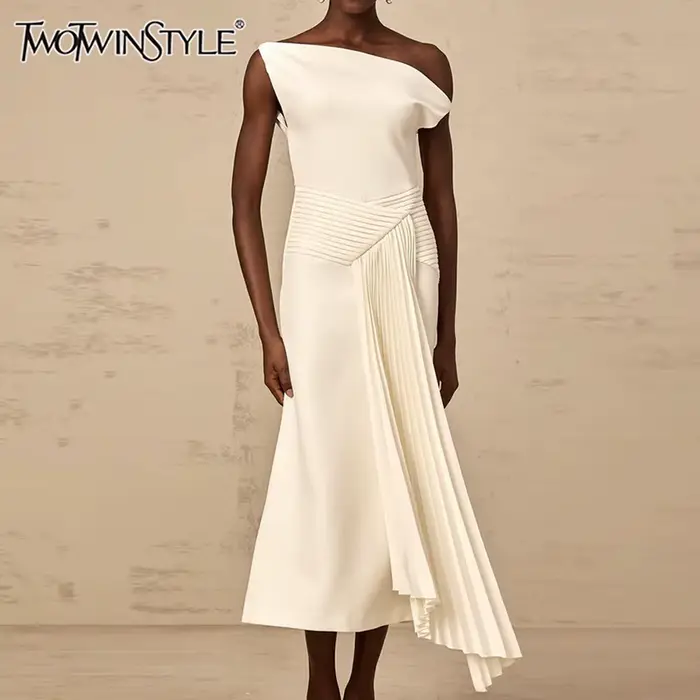 TWOTWINSTYLE – robe mi-longue élégante et amincissante pour femmes, couleur unie, col diagonal, épau