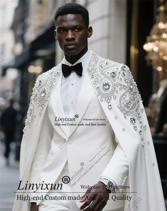 Costume haut de gamme en diamant pour hommes, vêtements perlés, cape de marié, smoking de bal, ensem