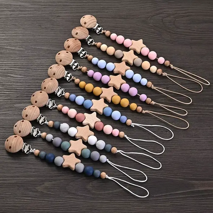 Clips de chaîne de sucette pour bébé, anneau de dentition pentagramme en bois, perles rondes en Sili