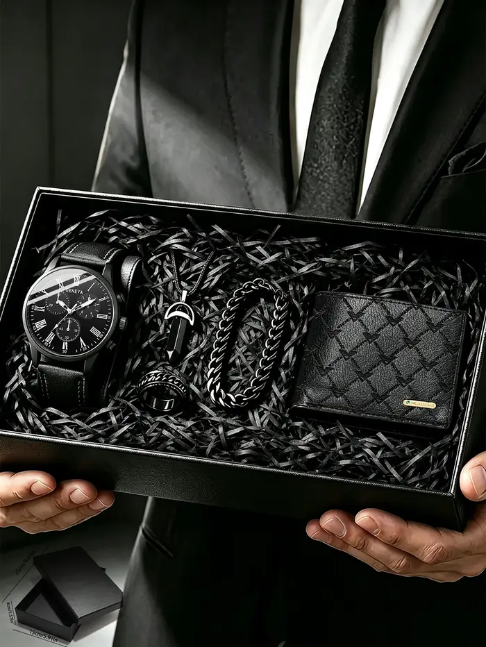 Coffret cadeau pour homme, comprenant une montre, des accessoires et un portefeuille. Convient comme
