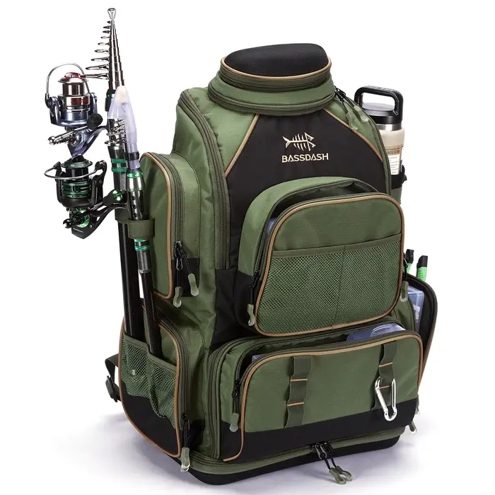 Bassdash-Sac à dos vert armée avec housse de protection contre la pluie, matériel de pêche lancé SD2