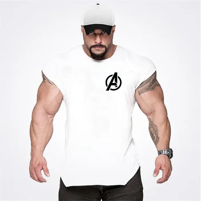 Chemise en fibre de coton à ourlet incurvé pour hommes, vêtements de musculation, stringers de gym, 