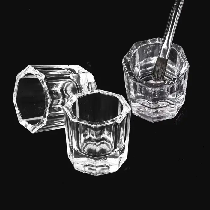 Mini verre cristal acrylique transparent, petite poudre octogonale, tasse à ongles liquide, brosse à