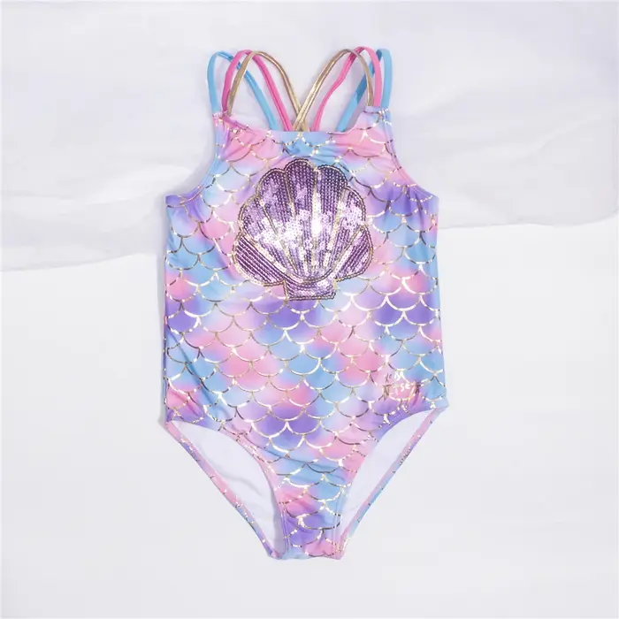 Maillot de bain une pièce pour filles et enfants, motif écailles de poisson, broderie en forme de co