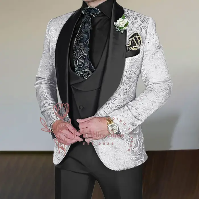 Costume jacquard gris argenté pour hommes, ensemble 3 pièces, veste en satin noir, gilet, pantalon, 