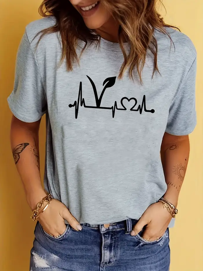 T-Shirt à manches courtes imprimé plante, haut décontracté à col rond pour l'été et le printemps, vê