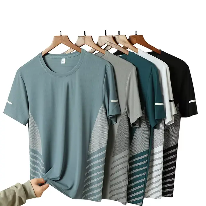 T-shirt de course à manches courtes pour hommes, haut fin en soie glacée, impression réfléchissante,