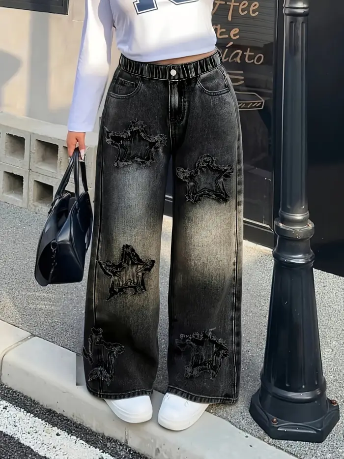 Pantalon en Denim à jambes droites pour filles, tissu délavé Y2K, motif cinq étoiles, Patchwork, pol