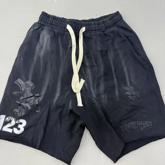 Shorts amples vintage délavés imprimés 123 pour hommes, streetwear, en coton, shorts de sport