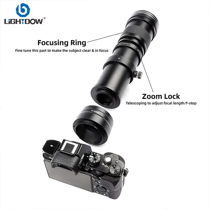 Lightdow 420-800mm F8.3-F16 Super téléobjectif à Zoom manuel avec anneau de montage en T pour object