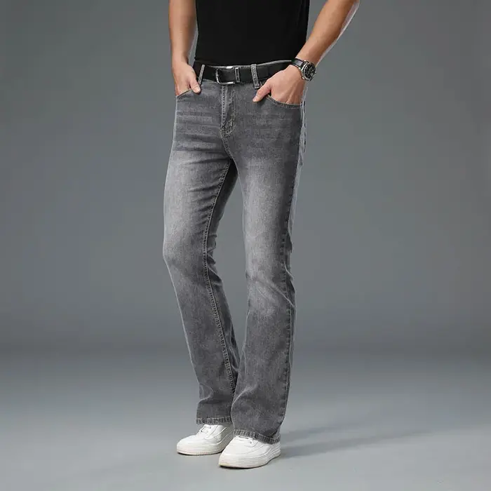 Jeans évasés en denim pour hommes, jeans stretch taille mi-haute pour hommes, jeans gris
