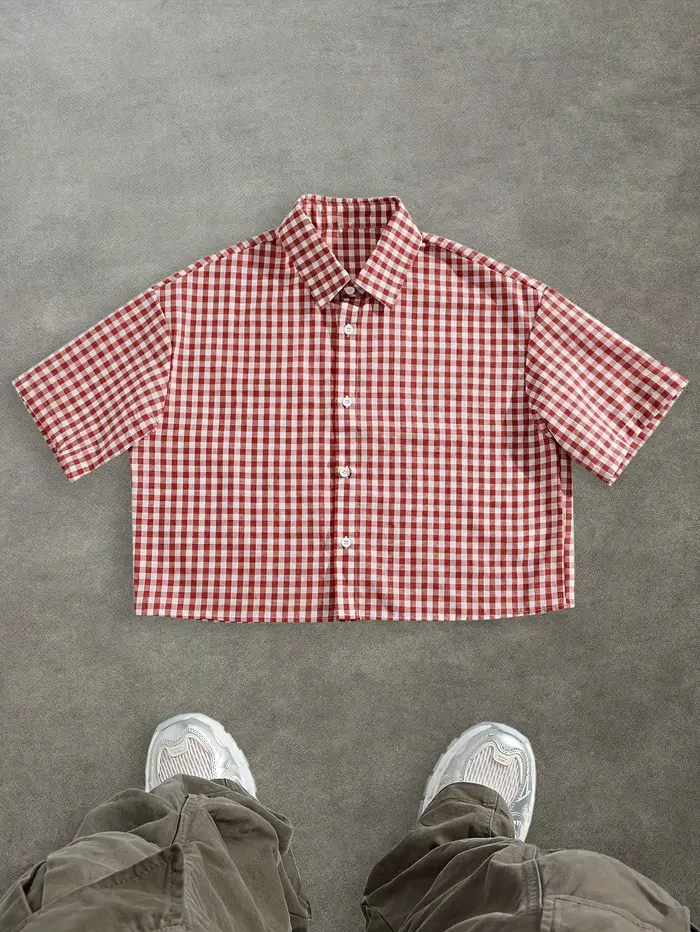 Chemise à manches courtes confortable et décontractée à carreaux de style collégial pour hommes pour