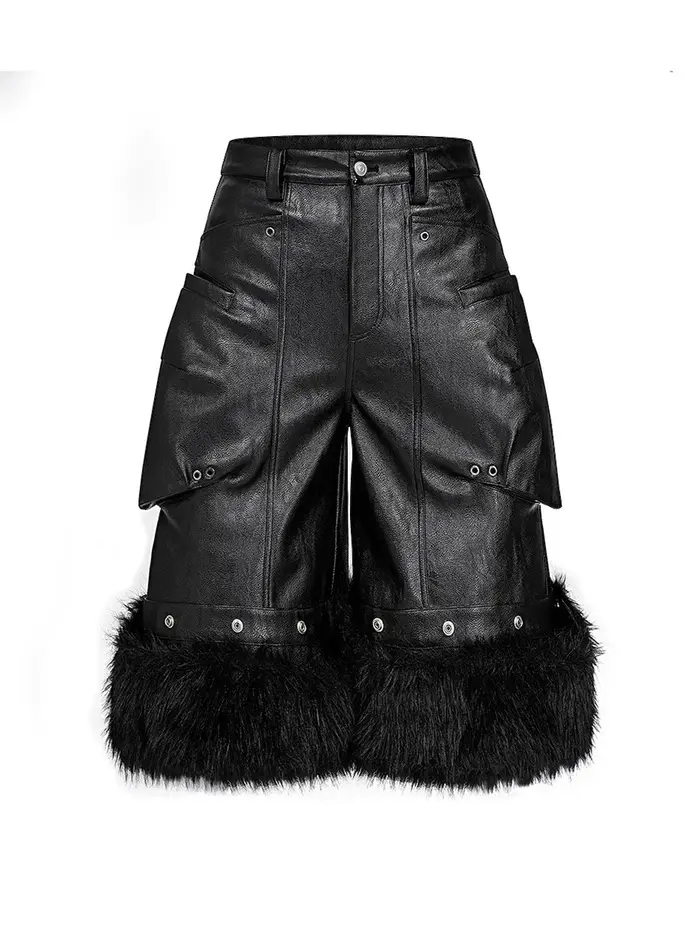 Mauroicardi automne noir fausse fourrure Patchwork Pu cuir Shorts pour hommes poches tridimensionnel