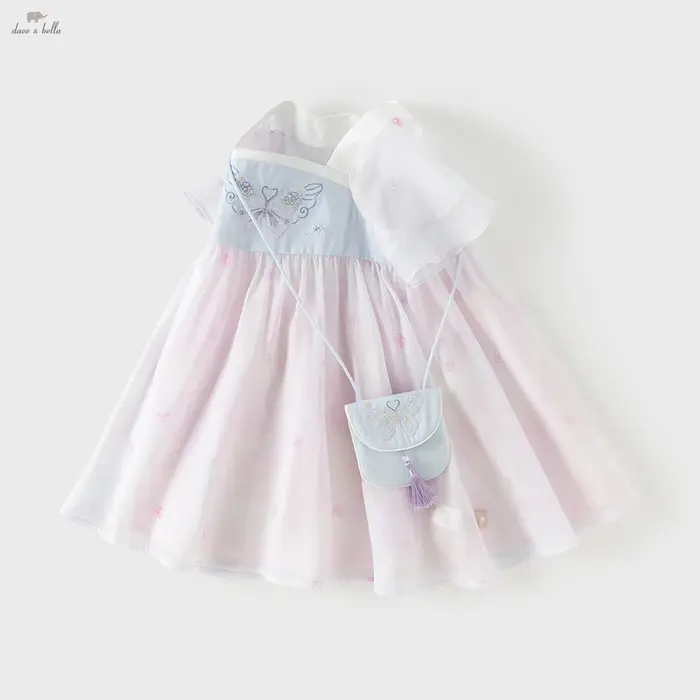 Robes d'été brodées pour enfants Dave Bella, robe en maille pour filles avec sac, style chinois, élé