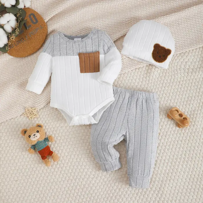 0-18 mois nouveau-né bébé garçon ensemble col rond couleur bloquée body + pantalon + chapeau confort