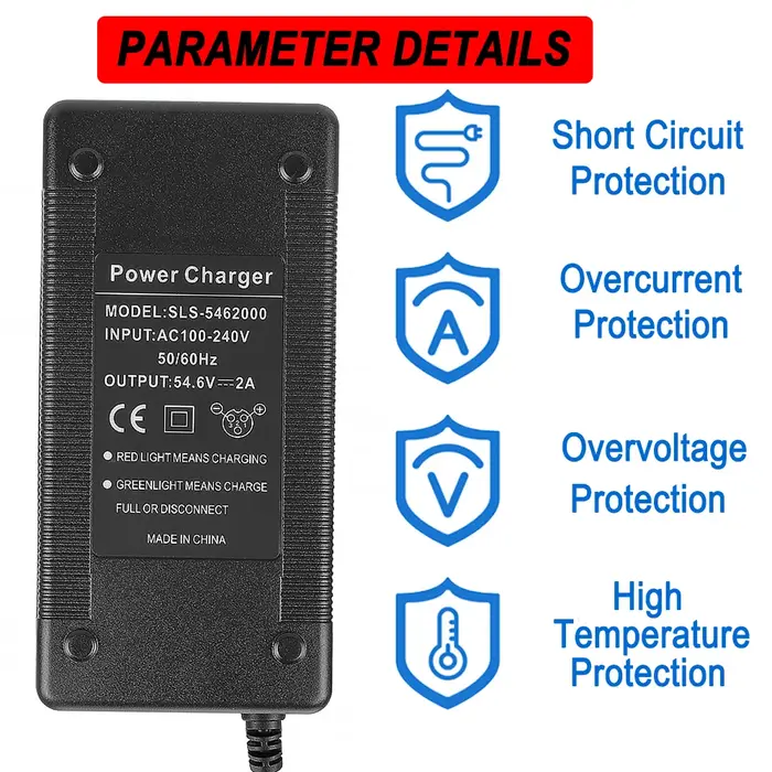 Chargeur de batterie lithium 54,6V2A pour vélo électrique, trottinette électrique, batterie Li-ion a