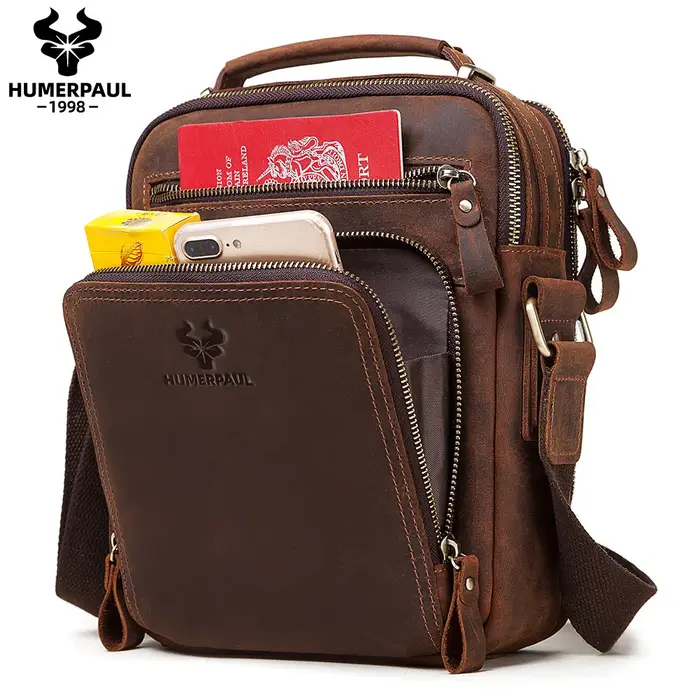 HUMERPAUL sac à bandoulière en cuir véritable pour hommes sacs croisés Vintage grande capacité mâle 