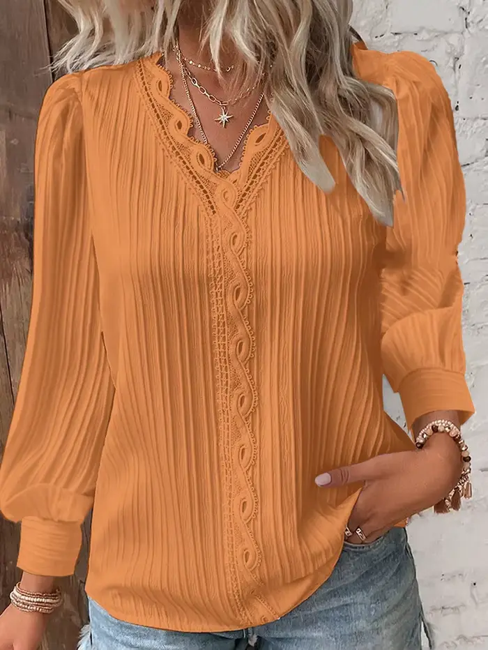 Élégant été dentelle creuse Patchwork femmes chemise Chic Blouse col en V à manches longues chemise 