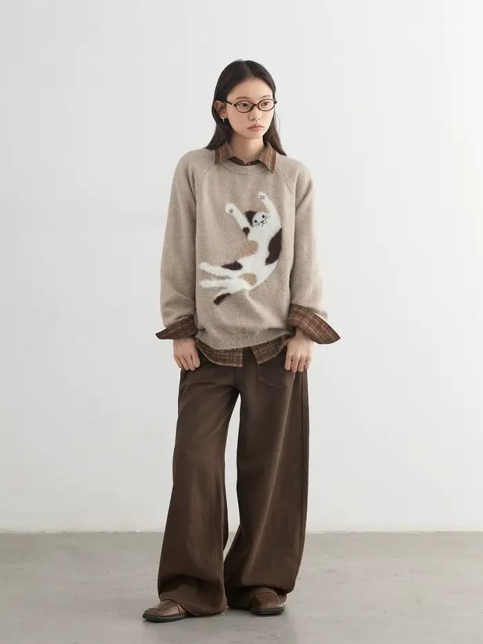 CHIC VEN femmes chandails ample décontracté O cou tricoté dessin animé chat chaud tricot pull femme 