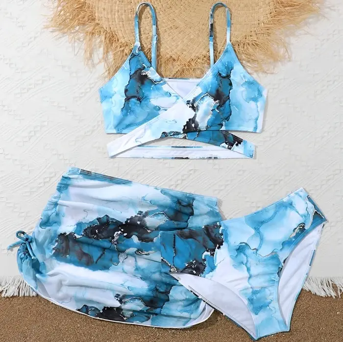 Maillot de bain 3 pièces imprimé Tie-Dye 2026 pour filles avec jupe, maillot de bain pour enfants, t
