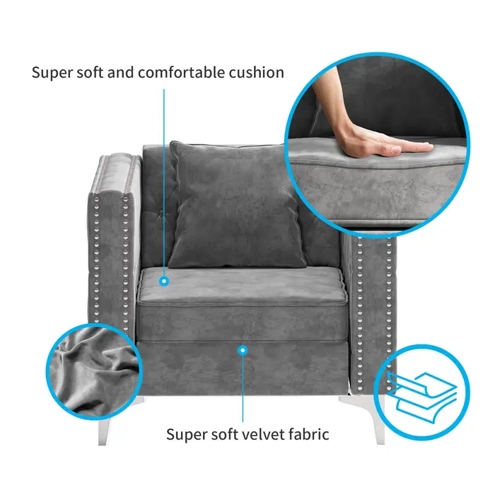 HORGgland O-Fauteuil en velours moderne, chaise d'appoint boutonnée avec coussin de jet et coussin e