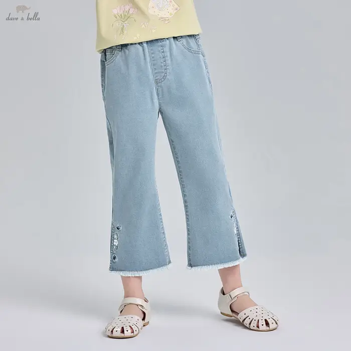Pantalon d'été brodé pour filles Dave Bella, décontracté, taille élastique, poches, coupe bootcut, j
